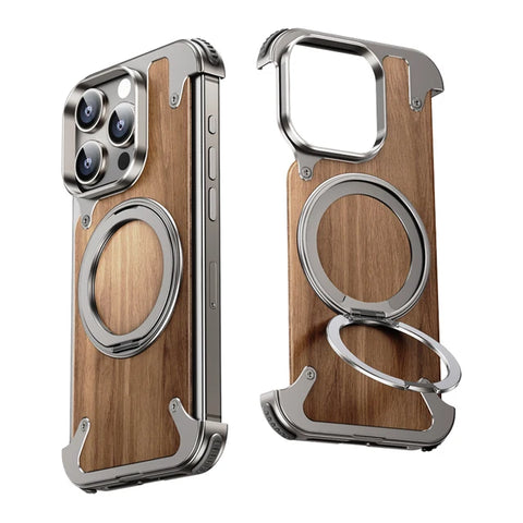 New Strong Magnetic Protective Wood Armor Case WIth Kickstand For iPhone 15 14 Plus Pro Max Series