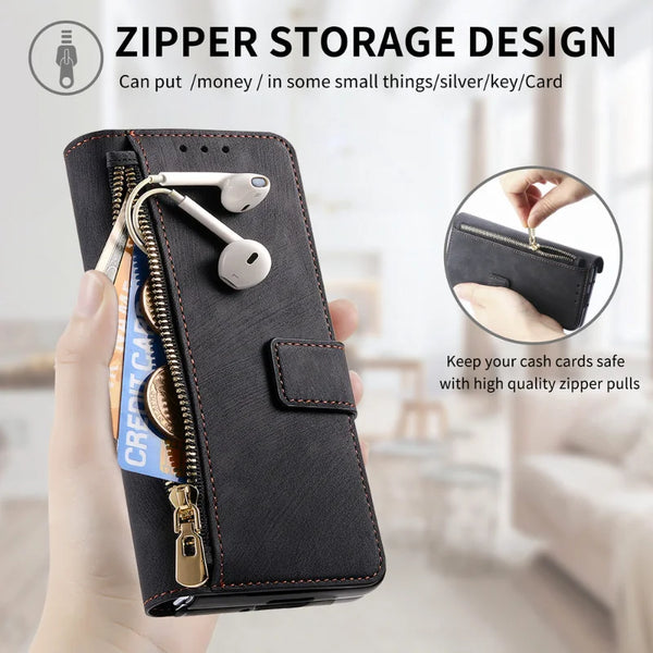 New Multifunctional Magnetic Leather Wallet Case With Zipper Flip Stand For Samsung Galaxy Z Fold 6 5 Series