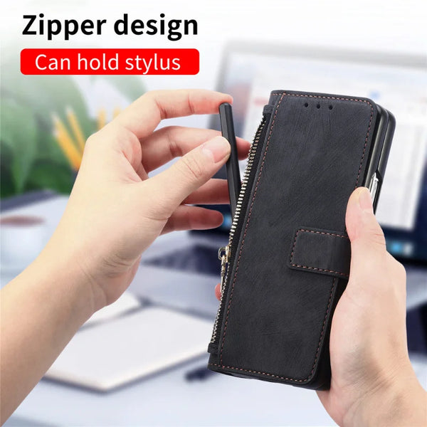 New Multifunctional Magnetic Leather Wallet Case With Zipper Flip Stand For Samsung Galaxy Z Fold 6 5 Series