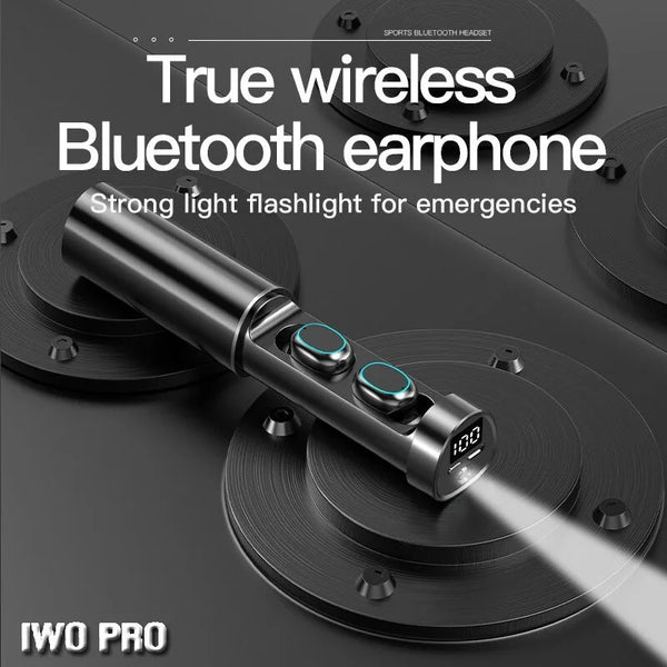 New Super Lightweight True Wireless Headphones Earbuds With Case & Flashlight