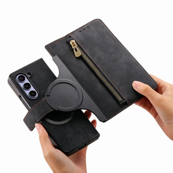 New Multifunctional Magnetic Leather Wallet Case With Zipper Flip Stand For Samsung Galaxy Z Fold 6 5 Series