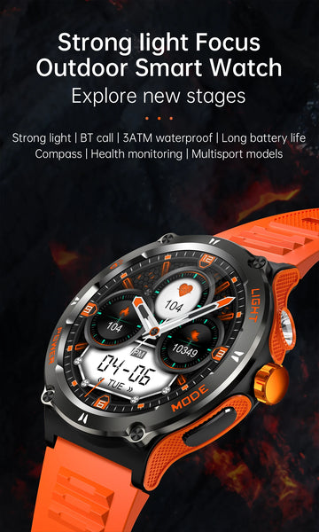 New Outdoor Rugged 3ATM Water-Resistant Smart Watch Fitness Tracker With Compass Flashlight